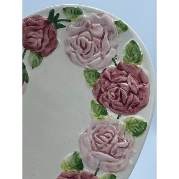 Portugal Majolica Heart Shaped Plate Tray Hand Painted with Embossed Pink Roses/ - Picture 2 of 7